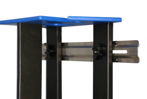 Heavy Duty Wall Mounted Ski And Snowboard Storage Rack Constructed From Durable Aluminum Frame showing close-up of blue top mounts.