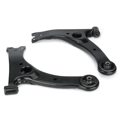 Two black steel front lower control arms with ball joints for Toyota Corolla 2003-2008 and Celica 2000-2005