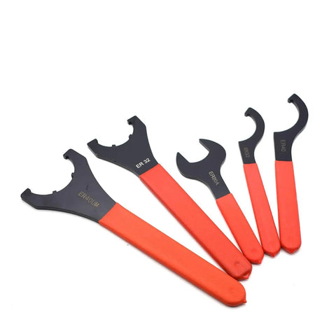 Hardened Steel Er Collet Wrench Set Includes Spanner And Nut Driver For Er11 A C25 Er25UM Er32UM Er40UM Collets with red handles.