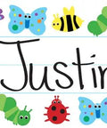 Colorful Bugs Name Plates For Desks Cubbies And Lockers 9.5 By 2 And 7 Eighths Inches 36 Pack Durable Student Desk Tags displaying "Justin"