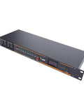 Straight Up Workhorse Power Sequencer With Ten Secure Outlets And Clear Digital Voltage Display Built From Heavy Duty Aluminum Alloy For Zero Hassle Rack Installation, front view with digital readout.