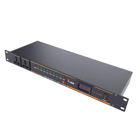 Straight Up Workhorse Power Sequencer With Ten Secure Outlets And Clear Digital Voltage Display Built From Heavy Duty Aluminum Alloy For Zero Hassle Rack Installation, front view with digital readout.