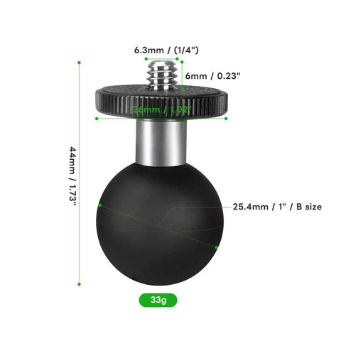 1 Inch Ball Head Mount Adapter with One Quarter Inch Twenty Threaded Stud for Action Cameras and Phone Mounts, Compatible with RAM Mount B Socket Arm, Ideal for Motorcycle Riding, Sports Photography, Dope Aluminum Build with Lifetime Warranty. 1 inch B-size ball