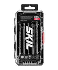 Front view of SKIL 10-piece hex shank carbide hammer drill bit set in clear storage case.