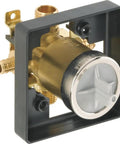 R1 PX Universal Valve Body for PEX Black Finish Rough In Kit with brass construction and black mounting frame, side view