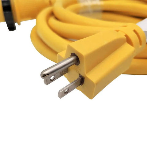 Close-up of Heavy Duty 16 Foot Shore Power Cord 15A Male 5-15P to L5-30R Locking Ring for RV Camper Marine 10 AWG Copper