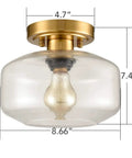 Modern Small Semi Flush Mount Ceiling Light With Glass Drum Shade Brass Gold Finish 1 Light Hallway Fixture ETL Listed For Dry Locations
