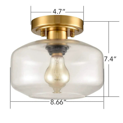 Modern Small Semi Flush Mount Ceiling Light With Glass Drum Shade Brass Gold Finish 1 Light Hallway Fixture ETL Listed For Dry Locations