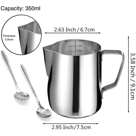 12 Oz Milk Frothing Pitcher Cup For Home Baristas with 350ml stainless steel design, mirror finish, includes flower spoons