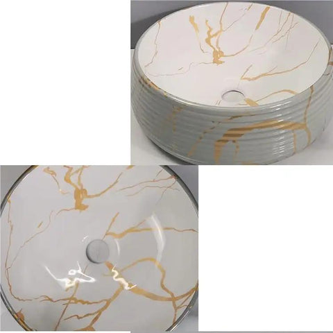 Bathroom Sink Bathroom Vessel Sink Round Art Basin Home Ceramic Wash Basin Hotel Counter Basin Ceramic Vessel Sink with gold accents.