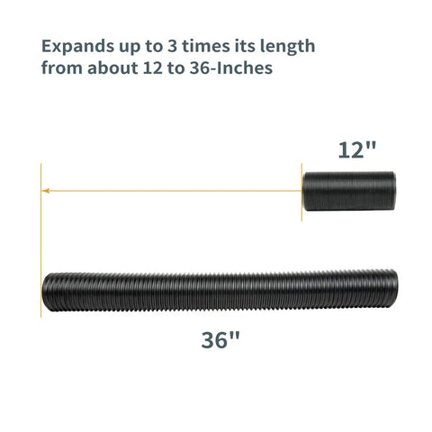 Flexible 4 Inch Dust Collection Hose Extends Up To 36 Inches For Table Saw Drill Press And Woodworking DIY Shop Dust Collection System Left Spiral Design Makes Bends Easy And Snakes Through Tight Spaces Keeping Your Workshop Clean shown extending from 12 to 36 inches