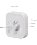 White wireless doorbell chime with indicator light, speaker, and buttons labeled pairing, volume, and music.