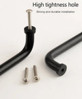Five Pack Matte Black Modern Cabinet Pulls 3.75 Inch Hole Center 96mm with screws and installation details