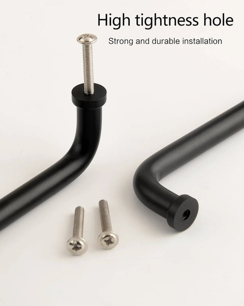 Five Pack Matte Black Modern Cabinet Pulls 3.75 Inch Hole Center 96mm with screws and installation details