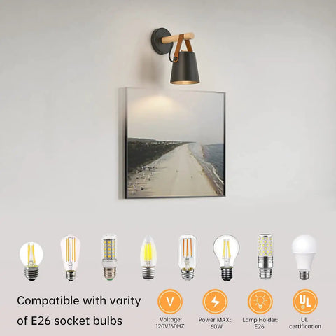 Set Of Two Modern Wall Sconces With E26 Base Indoor Bedroom Wall Lamps shown with light bulb compatibility options