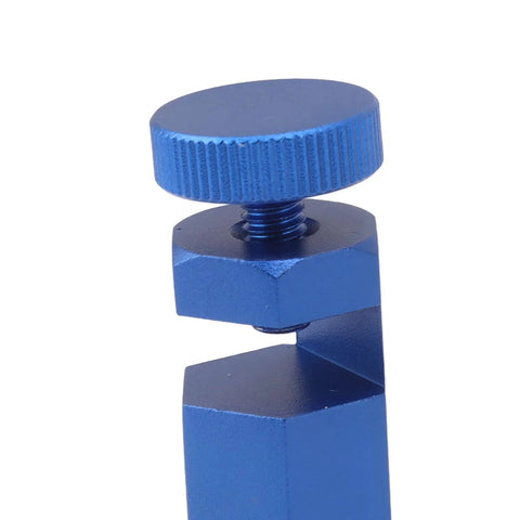 Close-up of blue aluminum Stair Gauge Attachment With Anti Slip Hex Knob And Easy Grip Thumb Screw for precise layout