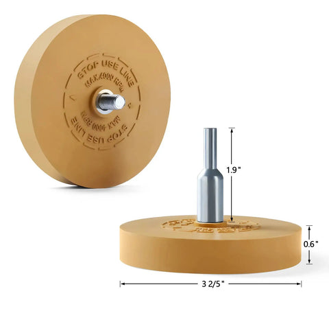Decal Remover Eraser Wheel 2-Pack With Drill Adapter Kit for Car Emblems, dimensions and rubber material visible