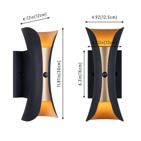 12 Inch Outdoor LED Wall Light Set With Dusk To Dawn Photocell Sensor, 15W 3000K Warm White, Black Finish With Gold Accent, IP65 Rust Resistant Aluminum, Weatherproof Porch Lights