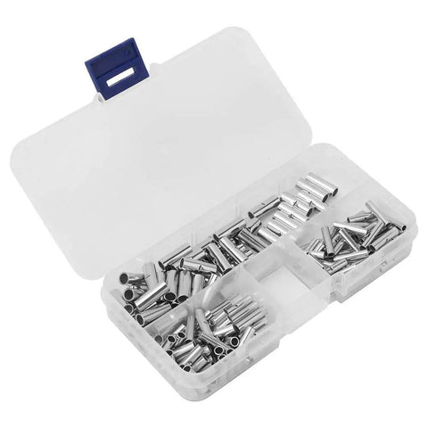 Heavy Duty Bare Non Insulated Butt Connectors Kit 150 Piece All Sizes From Tiny 22 Awg To Massive 10 Awg For Car Truck Marine And Home Projects With Nifty Storage Box For Easy Tackle Your Jobs Like A Boss. Clear box with assorted metal wire butt connectors
