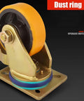 Close-up of Top Shelf Four Piece Rubber Plate Casters With Swivel Wheels And Locking Brakes heavy duty caster wheel with orange rubber tire.