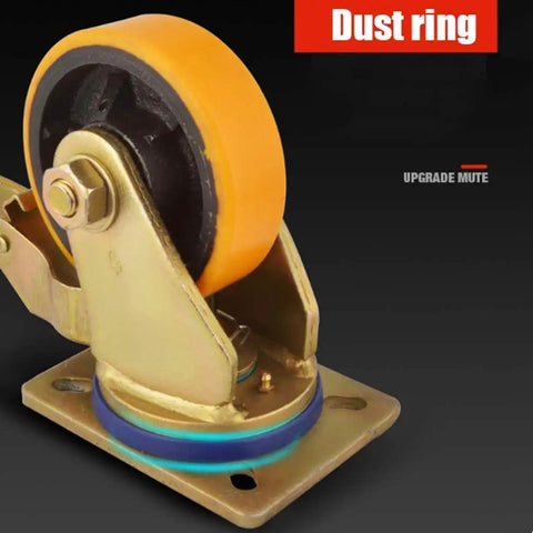 Close-up of Top Shelf Four Piece Rubber Plate Casters With Swivel Wheels And Locking Brakes heavy duty caster wheel with orange rubber tire.