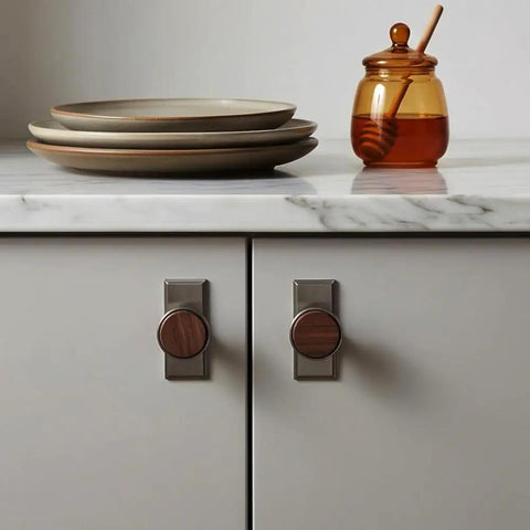 Nordic Style Cabinet Handles in walnut wood and zinc alloy for kitchen drawers, ergonomic single hole mount, visible on white cabinets
