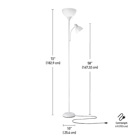 72 Inch Torchiere Floor Lamp With Adjustable Reading Arm Frosted Shades Matte Black Frame Dope Modern Look Rotary Switch On Socket E26 Base Ambient And Task Lighting For Your Living Room Or Den, white lamp dimensions shown