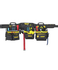 31 Pocket Pro Carpenter Tool Apron Belt With Gusseted Pockets Nail Pouches And Loops For Nails Tools Pencils Ideal For Builders Carpenters And DIY Pros Durable Heavy Duty Gear, displayed with tools like screwdrivers and hammers in pockets