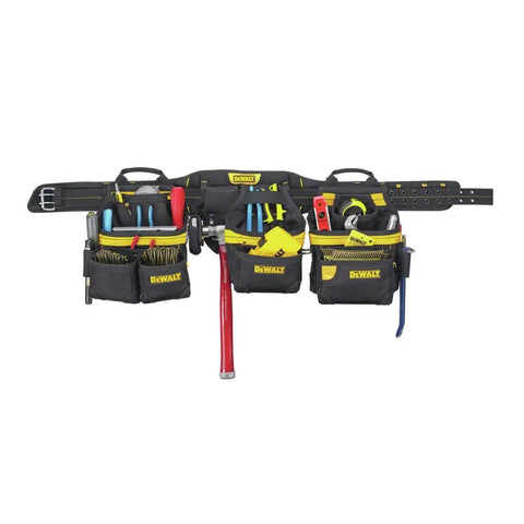 31 Pocket Pro Carpenter Tool Apron Belt With Gusseted Pockets Nail Pouches And Loops For Nails Tools Pencils Ideal For Builders Carpenters And DIY Pros Durable Heavy Duty Gear, displayed with tools like screwdrivers and hammers in pockets