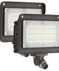 Dual pack 50W outdoor LED flood lights with dusk to dawn photocell, IP65 waterproof security lighting, adjustable arm, 6000 lumens