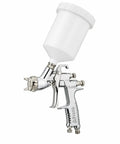 Pro Shop Ready 1.5mm Gravity Feed Paint Spray Gun With Stainless Steel Fluid Path, side view showcasing fluid cup and trigger control.