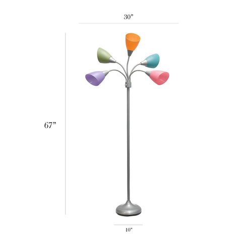 67 Inch Contemporary Medusa Five Light Adjustable Gooseneck Floor Lamp With Silver Finish And Colorful Shades In Green Lilac Coral Teal Pink