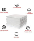 Stack of 12x12 Foam Wrap Sheets For Packing And Moving Supplies, Cushion Foam Sheets For Dishes And Glassware, with icons showing features