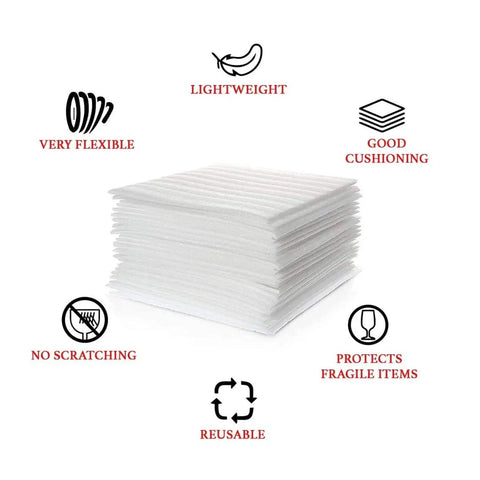 Stack of 12x12 Foam Wrap Sheets For Packing And Moving Supplies, Cushion Foam Sheets For Dishes And Glassware, with icons showing features
