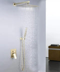 Wall Mount Shower Set With 10 Inch Square Rainfall Head And Dual Function Handheld Sprayer, gold finish, modern bathroom design.