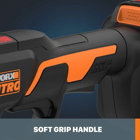 Close-up of Nitro 20V Cordless Pruning Shear handle with Power Share, soft grip design, WG330.9 model.