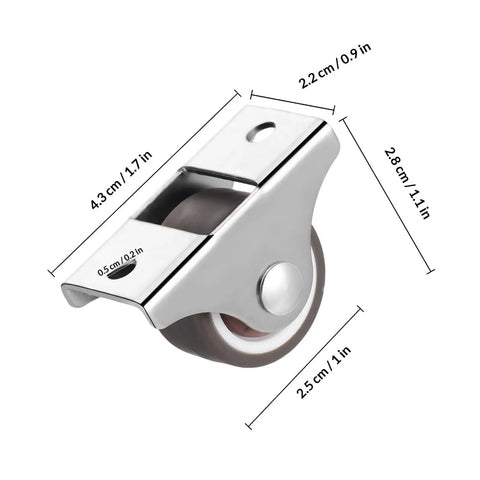 Heavy Duty Mini Caster Wheels 4 Pack For Cabinet Doors And Wardrobe Slide Rails Smoother Than Grease TPR Rollers with dimensions shown.