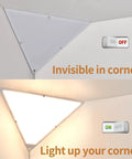 Triangle Corner Light with Switch, plug in ceiling lamp, white acrylic, installed in a dark corner before and after lighting up, 1 pack.