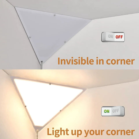 Triangle Corner Light with Switch, plug in ceiling lamp, white acrylic, installed in a dark corner before and after lighting up, 1 pack.