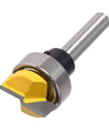 Heavy Duty 4 Piece Door Hinge Router Bit Set With One Quarter Inch Shank For Crisp Flush Trimming And Bottom Cleaning Slick carbide blades with yellow tip.
