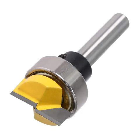 Heavy Duty 4 Piece Door Hinge Router Bit Set With One Quarter Inch Shank For Crisp Flush Trimming And Bottom Cleaning Slick carbide blades with yellow tip.