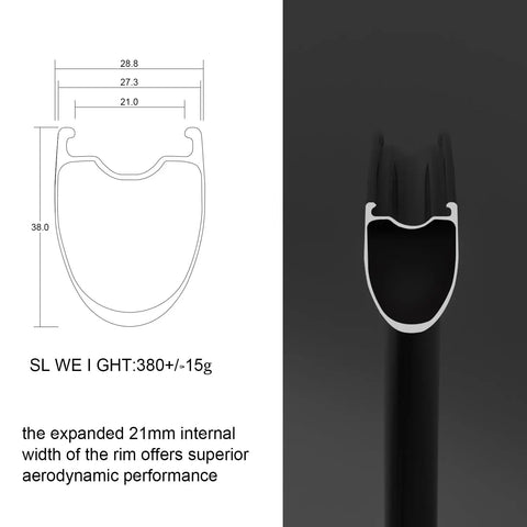 Cross-section diagram of All Day Speed Carbon Disc Road Wheelset 700C with 21mm inner width for aerodynamic performance.