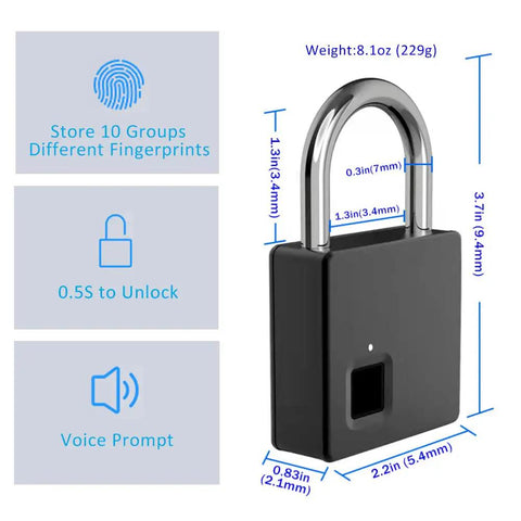 Biometric Keyless Fingerprint Padlock With 2 Backup Keys And USB Rechargeable Power, IP66 Waterproof Outdoor Heavy Duty Lock close-up
