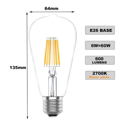 Vintage Edison Filament LED Bulbs For E26 Base 6W 60 Watt Equivalent Soft White 2700K Two Pack with dimensions and specs