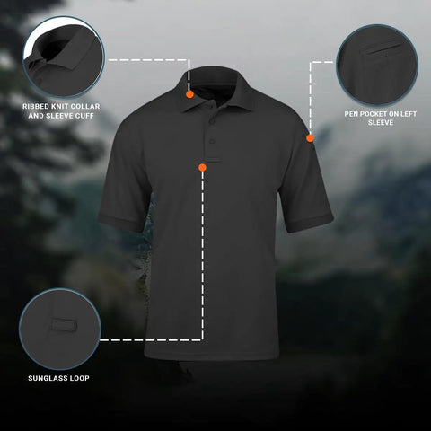 Mens Short Sleeve Uniform Polo In Charcoal Black Moisture Wicking Polyester Pique Fabric That Keeps You Cool Under Pressure Built For Real Crews Running The Daily Grind Without Getting Sweaty Or Wrinkled Out featuring ribbed collar, pen pocket, and sunglass loop.