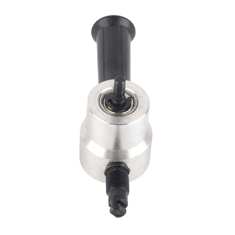 Pro Grade Double Head Metal Nibbler Cutter for Sheet Metal, aluminum body, top view showing drill compatibility