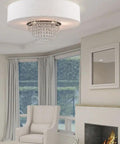 Carlisle English Bronze 5 Light Ceiling Mount Fixture with sleek chandelier in living room, steel construction, modern design.