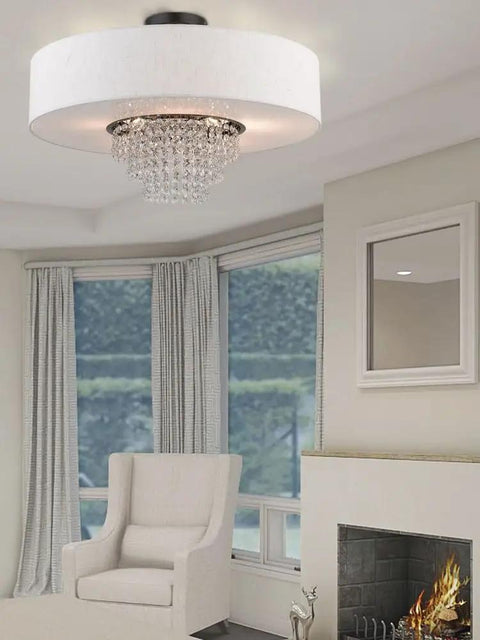 Carlisle English Bronze 5 Light Ceiling Mount Fixture with sleek chandelier in living room, steel construction, modern design.