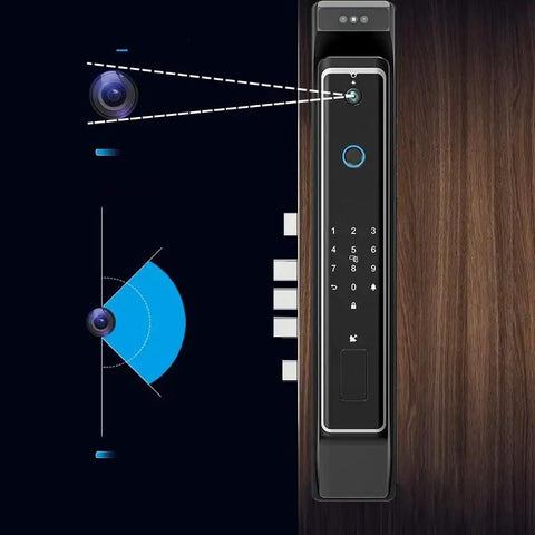 Heavy Duty Smart Door Lock With Fingerprint Scanner And Video Intercom visual monitor close-up with keypad and camera features.