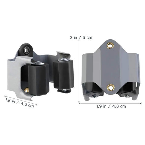 Heavy Duty Wall Mounted Mop Broom Holder Rack Set Of 10 Clips with dimensions, gray iron and plastic, easy-release grip